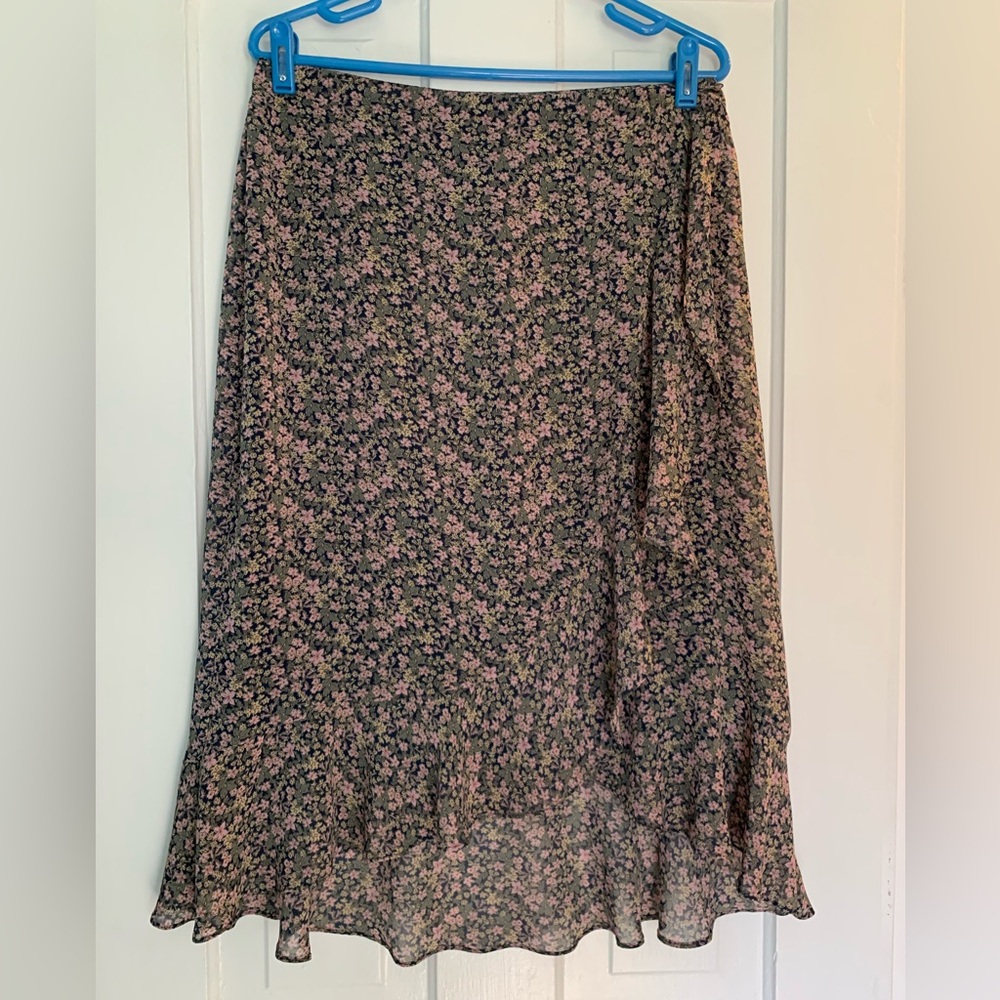 Vintage DR2 Black high low midi Skirt with Pink Floral Print ruffle